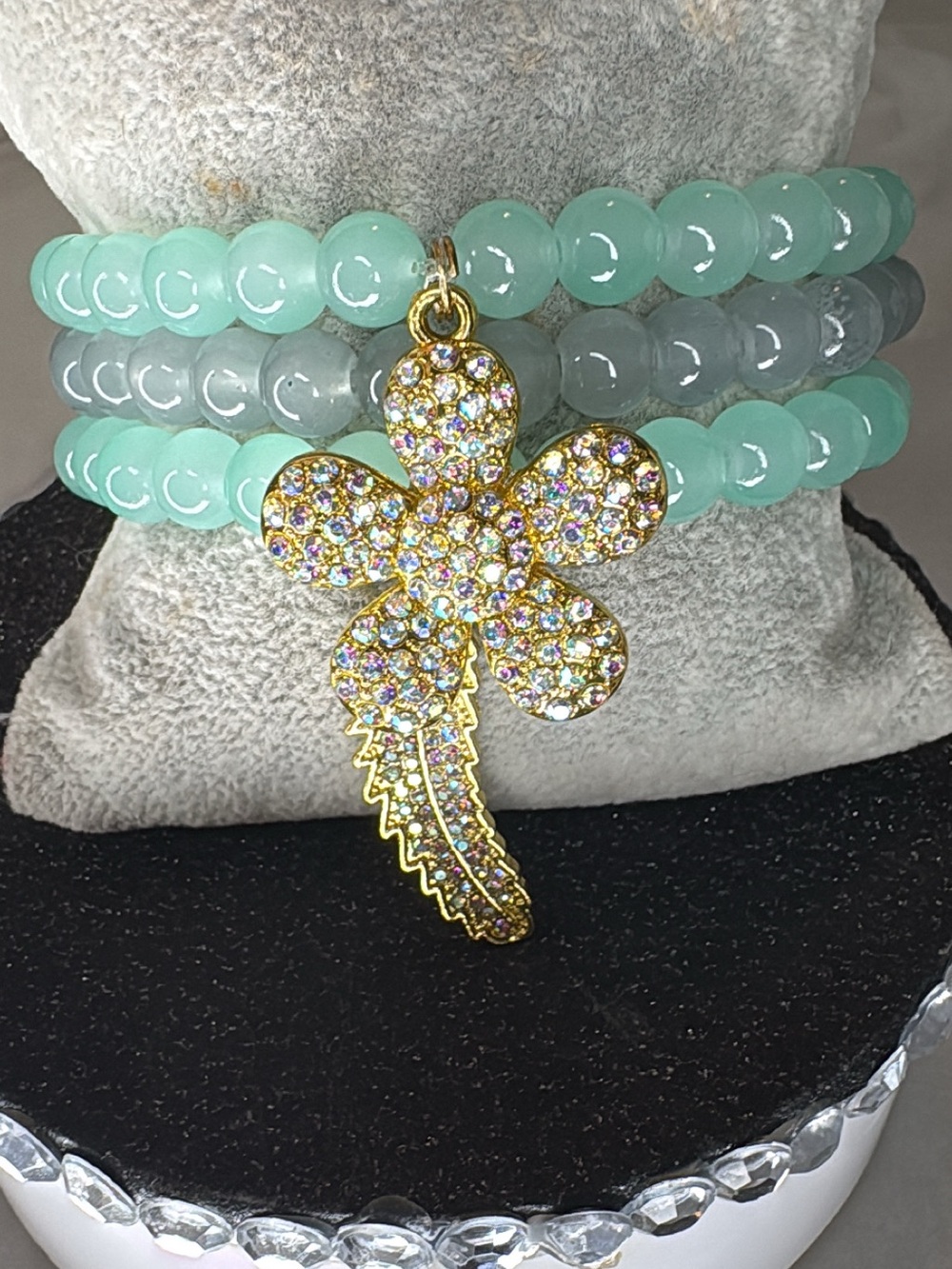 Mint Green Beaded Stretch Bracelet with Gold Pave Floral Charm